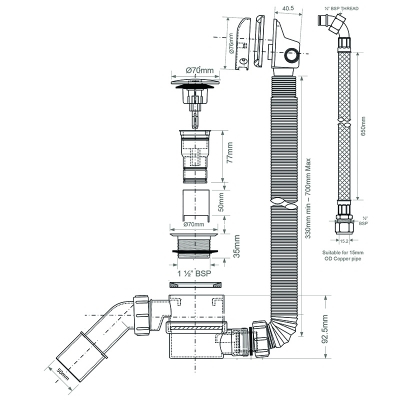 Обвязка для ванны McAlpine MRB9CB L700 мм с встроенным краном поворотной головкой и кнопкой MRB9CBCL