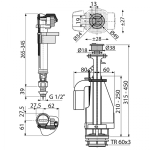 Сливной механизм Alca Plast SA08AS 3/8" с двойной кнопкой SA08AS38CHROM