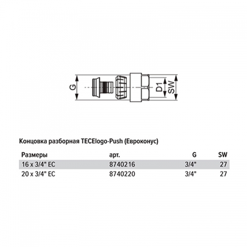 TECElogo Присоединитель 16 мм x G 3/4" НГ (евроконус) никелированный 8740216