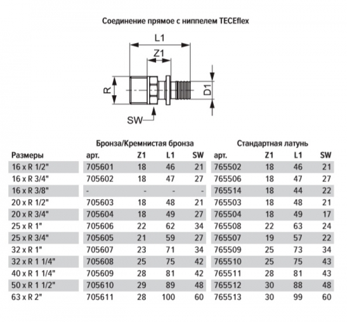 TECEflex Соединение 20 мм x R 1/2'' прямое НР бронза 705603