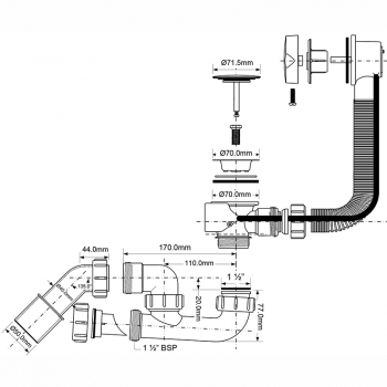 Полуавтомат для ванны McAlpine с атопереливом L575 мм х 34мм MRB2CBNS-PB MRB2CBNSPB