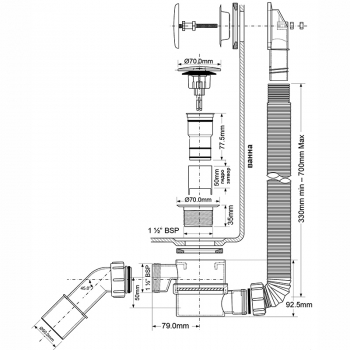 Полуавтомат McAlpine L330-700мм сливная решётка- пробка тип кнопка цвет хром сатин MRB11-SC MRB11SC