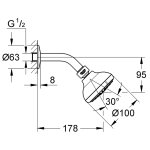 Душ верхний GROHE Tempesta d100 с кронштейном 3 вида струи 26088001