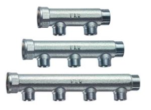 Коллектор хромированный FAR 1 1/4" (ВР-НР) 2 выхода 1/2" НР (межосев. 50 мм) FK 3625 11412